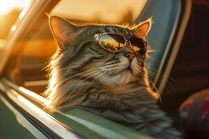 Capture a dreamy reflection by photographing a cat wearing sunglasses with a vintage Leica M6, highlighting the texture and contrast of an old timer car. AI Generative photo