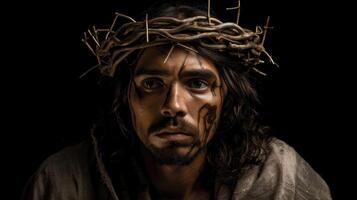 Jesus Christ with crown of thorns. Portrait of a man as Jesus Christ. AI generated photo