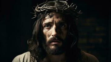 Jesus Christ with crown of thorns. AI generated photo