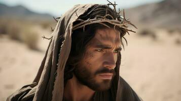 Jesus Christ in the desert with a crown of thorns. AI generated photo