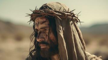 Jesus Christ in the desert with a crown of thorns. AI generated photo