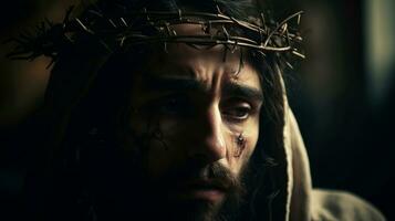 Jesus Christ with crown of thorns. AI generated photo