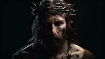 Jesus Christ with crown of thorns. Portrait of a man as Jesus Christ. AI generated photo