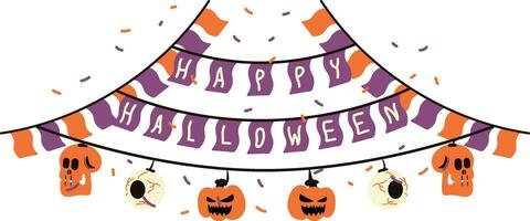 Halloween party banner with pumpkins and flags. Vector illustration.