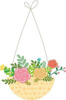 Home gardening, hanging flowers in the pot. vector illustration