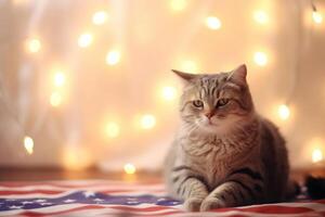 Cute tabby kitten with American flag and Christmas lights in background. 4th of July Independence day. AI Generated photo