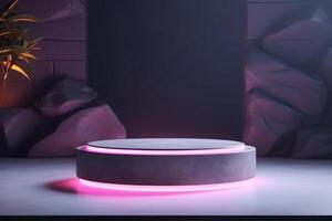 Stone podium muckup with neon studio light effect background. photo