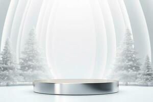 Merry Christmas podium mockup with snow tree on the luxury studio background. AI Generated photo