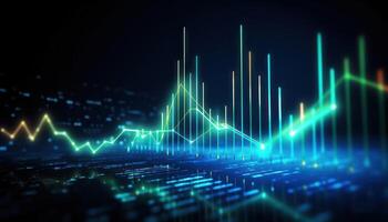 Business candle stick graph chart of stock market investment trading on blue background. Bullish point, up trend of graph. Economy design. AI Generated photo