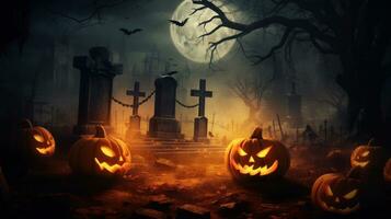 Pumpkins Illuminating a Forest Cemetery Under the Night Tree. Halloween background. AI Generated photo