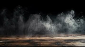 Wooden floor with smoke and light in dark room. Halloween abstract background. AI Generated photo