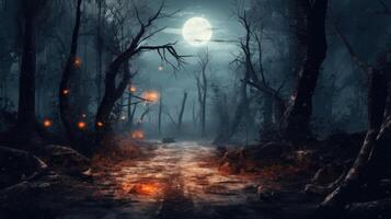 Spooky Halloween in the haunted forest graveyard with bats and scary trees. Happy Halloween Background. photo
