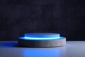 Stone podium muckup with neon studio light effect background. photo