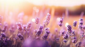 Beautiful lavender field with sunlight and beauty bokeh effect on blur background. Purple flowers garden nature landscape. AI Generated photo