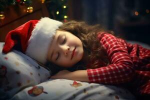 un adorable niña duerme en su dormitorio, ansiosamente esperando Papa Noel claus en un Navidad noche. nuevo años víspera antecedentes. ai generado foto