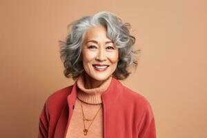 hermosa mayor mujer con gris cabello, contento hembra retrato en estudio antecedentes. ai generado foto