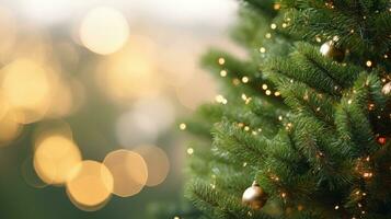 Close-Up of Christmas Tree Garland Greenery with Blurred Background and Bokeh. AI Generated photo