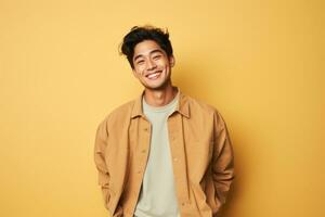 contento joven hombre retrato con Moda camisa sonrisa en estudio antecedentes. ai generado foto