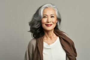 hermosa mayor mujer con gris cabello, contento hembra retrato en estudio antecedentes. ai generado foto