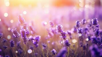 Beautiful lavender field with sunlight and beauty bokeh effect on blur background. Purple flowers garden nature landscape. AI Generated photo
