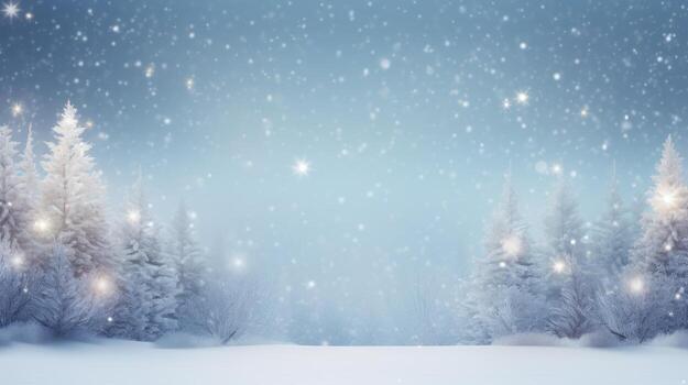 Snow-Covered Christmas Tree in a Forest Setting, with a Blurred Background and Falling Snow, Winter Landscape Scene. AI Generated photo