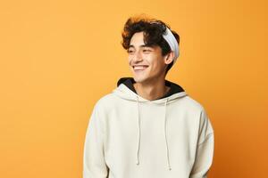 Happy young man portrait with fashion shirt smile on studio background. AI Generated photo