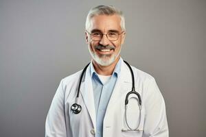 retrato de joven médico o enfermero masculino con uniforme en estudio antecedentes. médico hombre concepto. ai generado foto