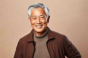 Beautiful senior man with gray hair, happy male portrait in studio background. AI Generated photo