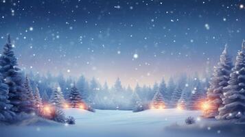 Merry Christmas tree and snow winter background with copy space. AI Generated photo