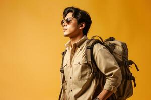 Portrait of young Asian man with tourist backpack isolated on studio background. Travel concept. AI Generated photo