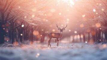 Merry Christmas background with snow light and beautiful deer in the winter forest. AI Generated photo