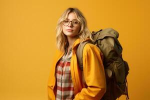 Portrait of young europe woman with tourist backpack isolated on studio background. Travel concept. AI Generated photo