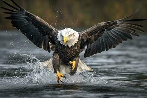 Fishing Bald Eagle, a bald eagle facing camera catches a fish out of the water, in the style of National Geographic contest winner, super telephoto close up. AI Generative photo