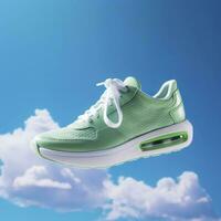 Close up  green sports shoes on a blue sea level with blue sky and white clouds bright light background. Creative advertisement. AI Generative photo