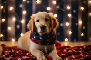Cute Golden Retriever puppy with Christmas lights and American Flag on bokeh background. 4th of July Independence day . AI Generated photo