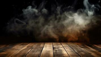 Wooden floor with smoke and light in dark room. Halloween abstract background. AI Generated photo