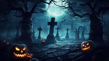 Pumpkins Illuminating a Forest Cemetery Under the Night Tree. Halloween background. AI Generated photo