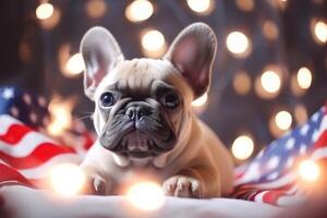 Cute french bulldog puppy with Christmas lights and American Flag on bokeh background. 4th of July Independence day . AI Generated photo