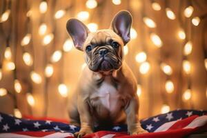 Cute french bulldog puppy with Christmas lights and American Flag on bokeh background. 4th of July Independence day . AI Generated photo
