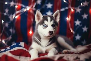 Cute siberian husky puppy with Christmas lights and American Flag on bokeh background. 4th of July Independence day . AI Generated photo