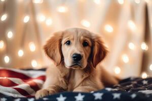 Cute Golden Retriever puppy with Christmas lights and American Flag on bokeh background. 4th of July Independence day . AI Generated photo