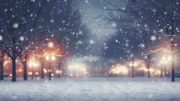 Merry Christmas winter blurred background with beautiful lighing bokeh and copy space. AI Generated photo