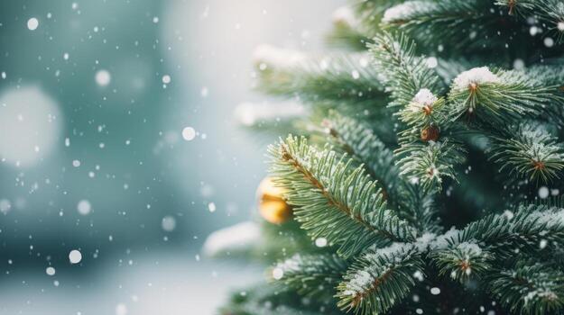Close-Up of Christmas Tree Garland Greenery with Blurred Background, Bokeh, and Falling Snow. AI Generated photo