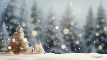 Snow-Covered Christmas Tree in a Forest Setting, with a Blurred Background and Falling Snow, Winter Landscape Scene. AI Generated photo