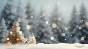 cubierto de nieve Navidad árbol en un bosque configuración, con un borroso antecedentes y que cae nieve, invierno paisaje escena. ai generado foto