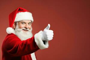 Santa Claus Giving a Thumbs Up on a Vibrant Red Studio Background Mock-Up, Perfect for Christmas and Happy New Year Advertisements. AI Generated photo