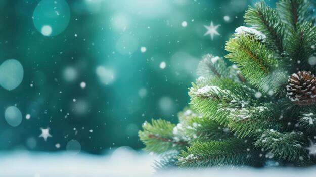 Close-Up of Christmas Tree Garland Greenery with Blurred Background, Bokeh, and Falling Snow. AI Generated photo