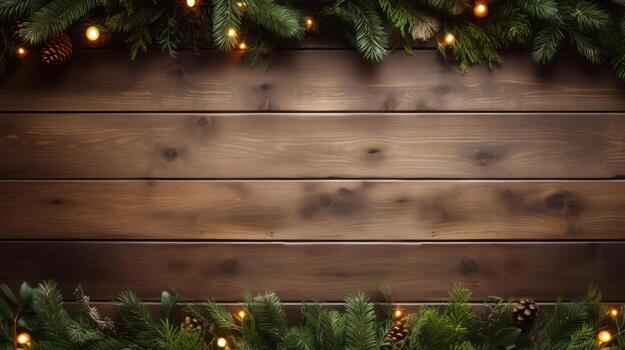 Top View of Christmas Tree Garland and Decorations on a Vintage Wooden Background. AI Generated photo