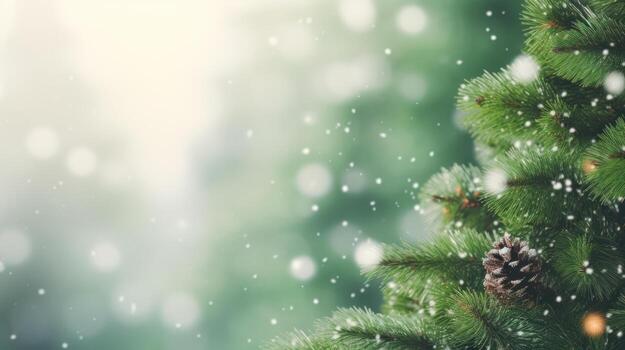 Close-Up of Christmas Tree Garland Greenery with Blurred Background and Bokeh. AI Generated photo