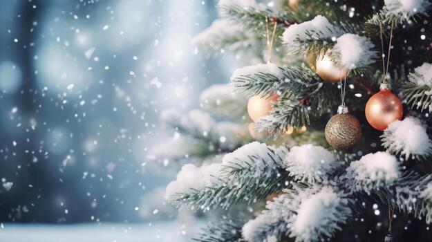 Close-Up of Christmas Tree Garland Greenery with Blurred Background, Bokeh, and Falling Snow. AI Generated photo